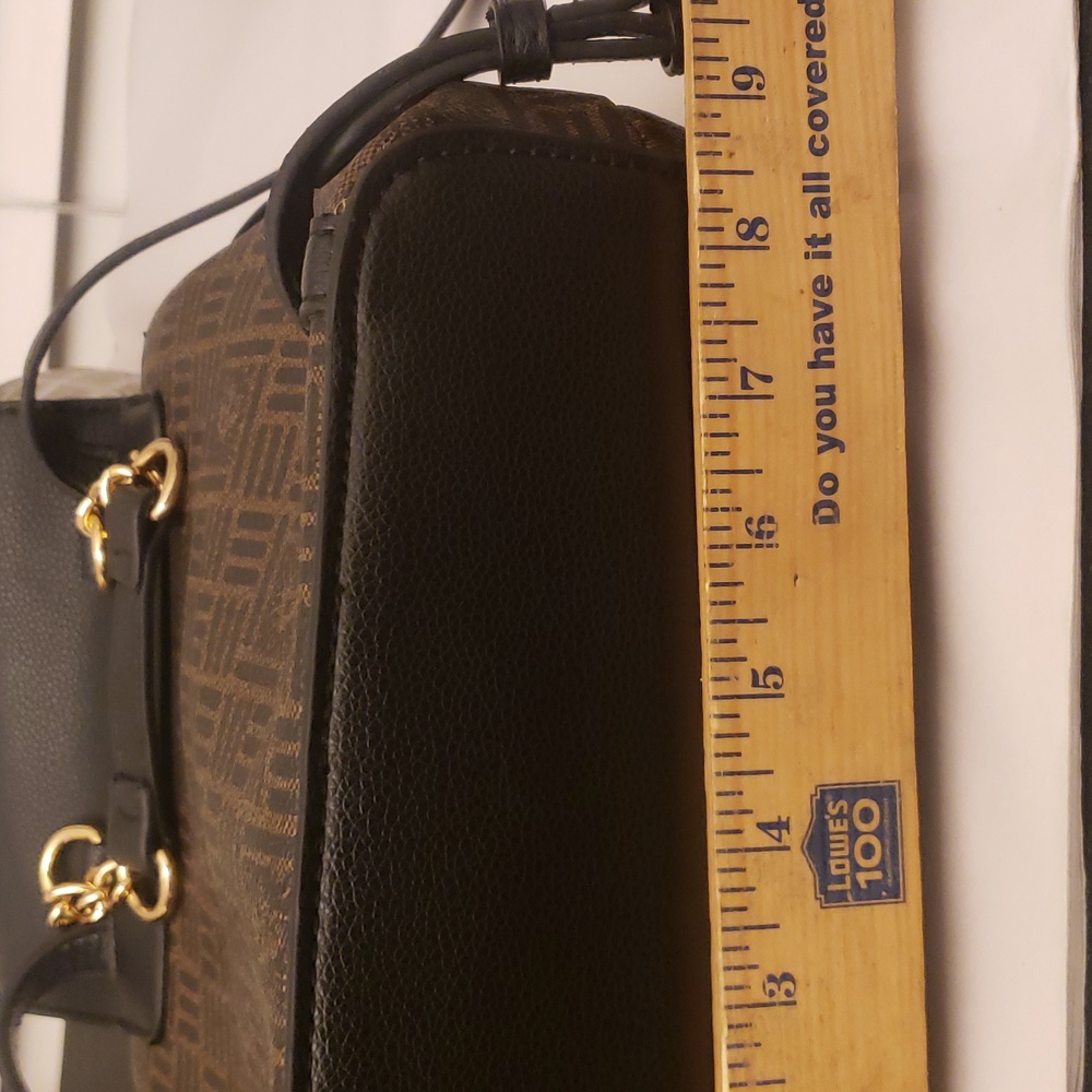 Anne Klein Elegant Black and Brown Mini Backpack Gold Drawstring Snap Closure - Picture 16 of 17